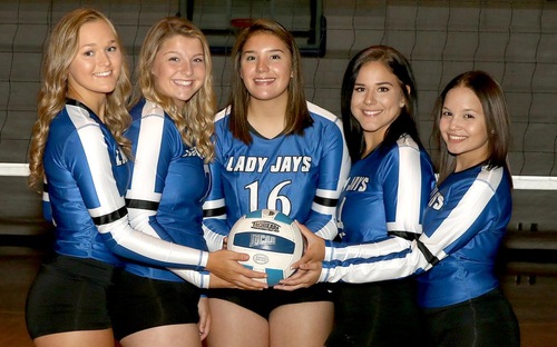 Minnesota West sophomore volleyball players for 2019 are (from left) Haley Unke, Kiana Leighty, Shelby Pourier, Emma Woelber and Stephanie Pizano. (Tim Middagh/The Globe)